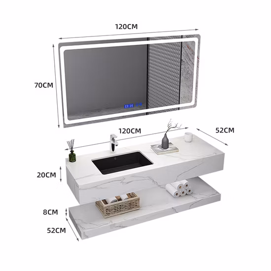 Moderner, großer Badezimmerschrank aus Holz, Sinterstein-Waschtisch, Arbeitsplatte, LED-Spiegel, luxuriöse Badmöbel-Kombination