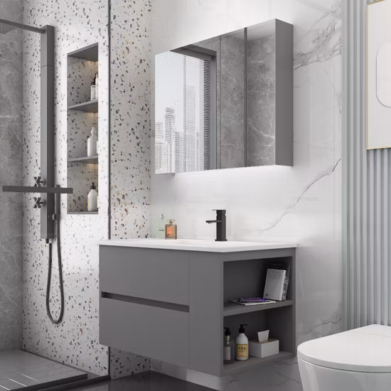 1400 mm Breite, luxuriöser, moderner Design-LED-Spiegel mit Hintergrundbeleuchtung, Waschbecken aus gesintertem Stein, Wandmontage, Badezimmer-Waschtischmöbel aus Holz